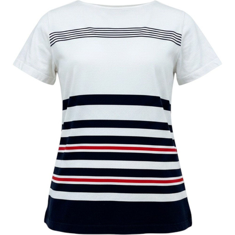 Elisabeth Liz Claiborne Tee Women 1/L White Striped Cotton Boat Neck Coastal